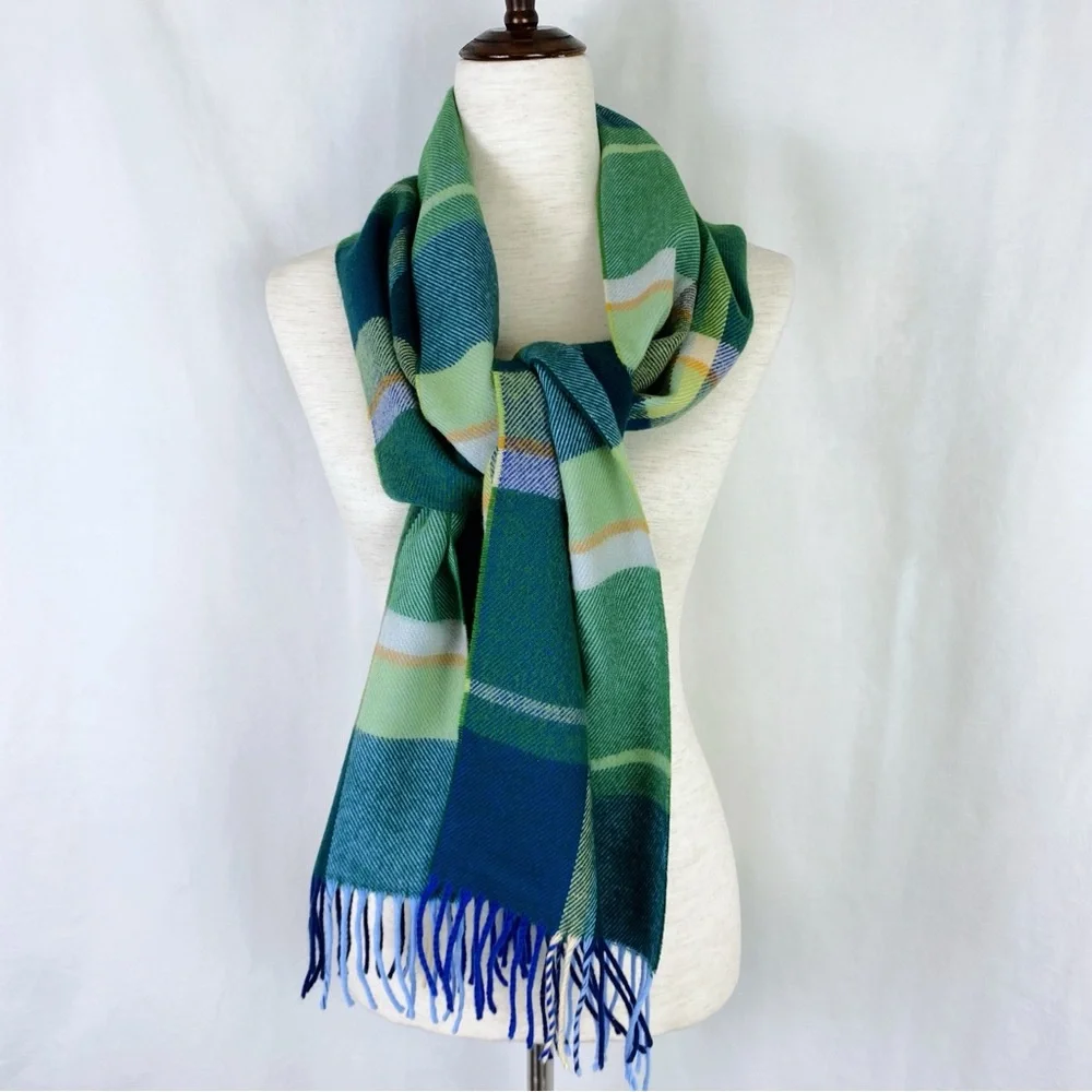 ALX New York Plaid Fringe Scarf Green Blue NWT